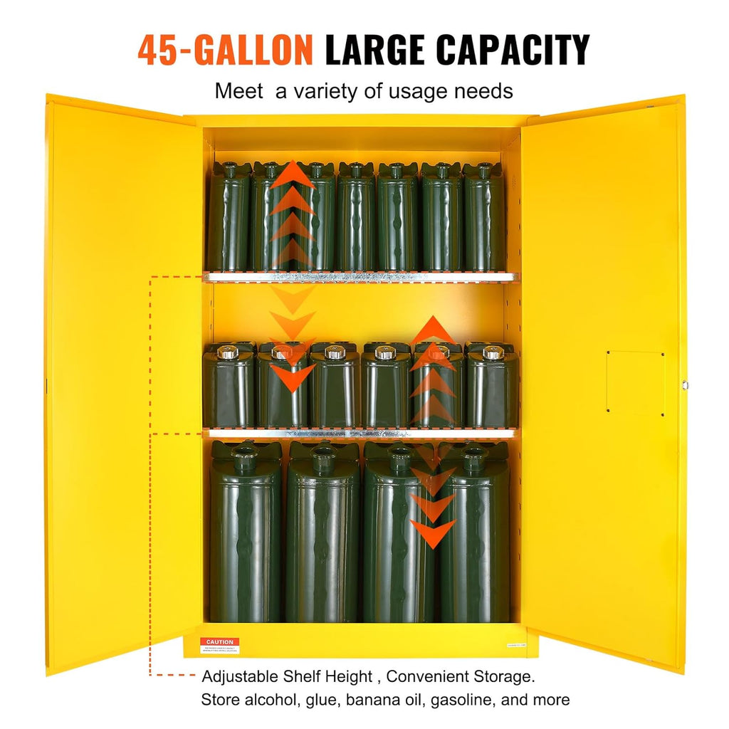 VEVOR Flammable Cabinet 18' x 43' x 65', Cold-Rolled Steel Flammable Liquid Storage Cabinet, 45 Gal in Explosion Proof with 2 Adjustable Shelves 2 Manual Doors for Industrial Use, Yellow