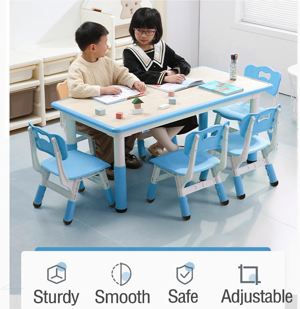 Kids Table and Chair Set, Height Adjustable Toddler Arts & Crafts Table and 6 Chair Set for Ages 2-10,Max 300lbs Kids Activity Art Table for Classroom Daycares,Home