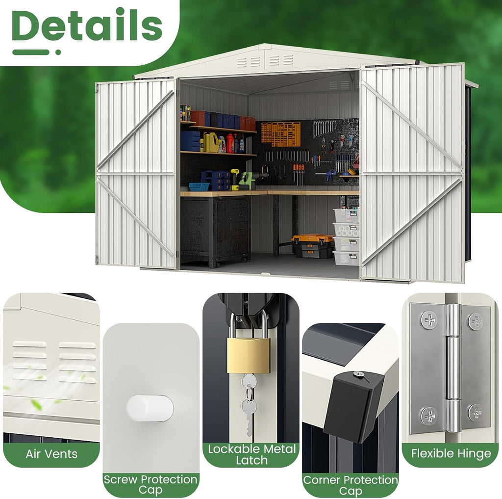 Goplus 7.5 x 6.3 FT Metal Storage Shed, All-Weather Galvanized Utility House w/Lockable Door, Easy Snap-On Sheds & Outdoor Storage for Garden, Back Yard, Lawn & Patio