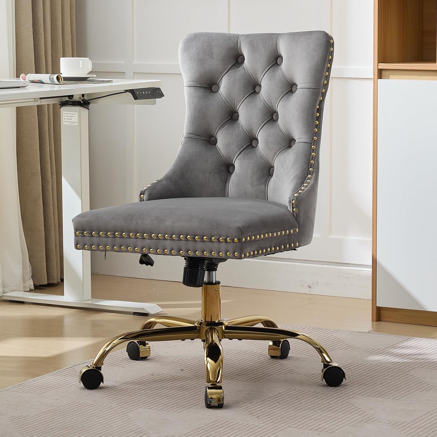 Grey Velvet Home Office Desk Chair with Wheels & Gold Base, Modern Swivel Comfy Office Chair Vanity Chair Task Chair, Upholstered Adjustable Wingback Armless Desk Chair for Home Office,Bedroom,Grey