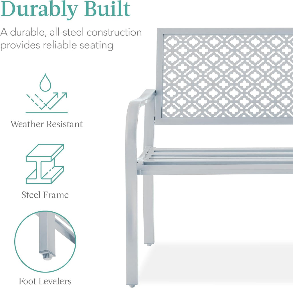 Best Choice Products Outdoor Bench 2-Person Metal Steel Benches Furniture for Garden, Patio, Porch, Entryway w/Geometric Backrest, 790lb Capacity - Light Gray