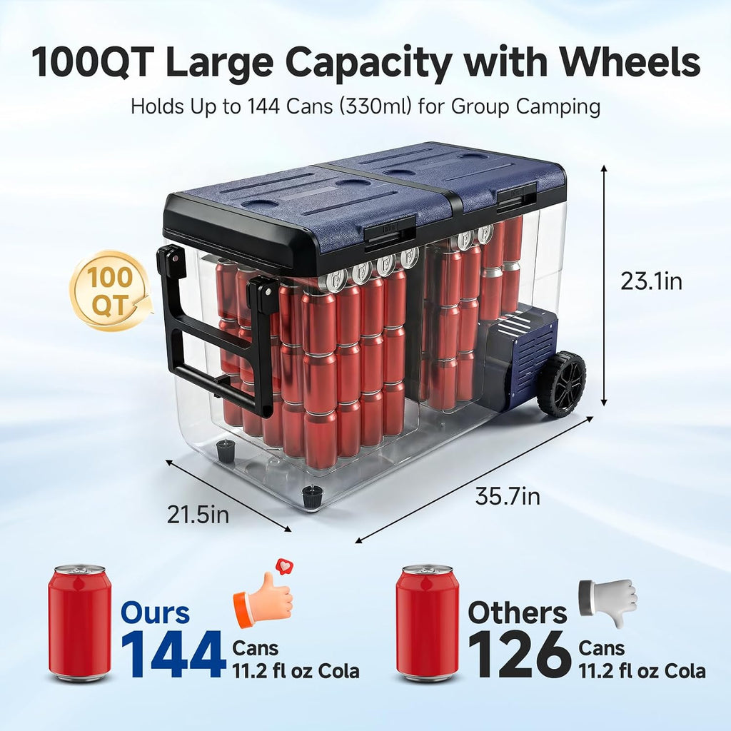 BODEGACOOLER 100QT Portable Car Refrigerator Freezer with Wheels, 12V Fridge Freezer, Electric Cooler for Car, -20℃ Car Freezer, 12 Volt Refrigerator Portable for Camping, RV, Travel, IPX4, Quiet
