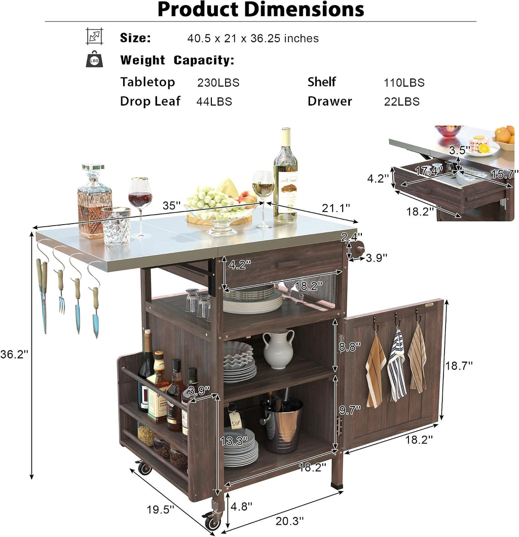 40.5' Outdoor Grill Cart with Stainless Steel Top, Solid Wood Outdoor Storage Cabinet with Drop Leaf, One Drawer, Towel Rack, Rolling Kitchen Cart with Lockable Wheels for Lawn Garden, Brown