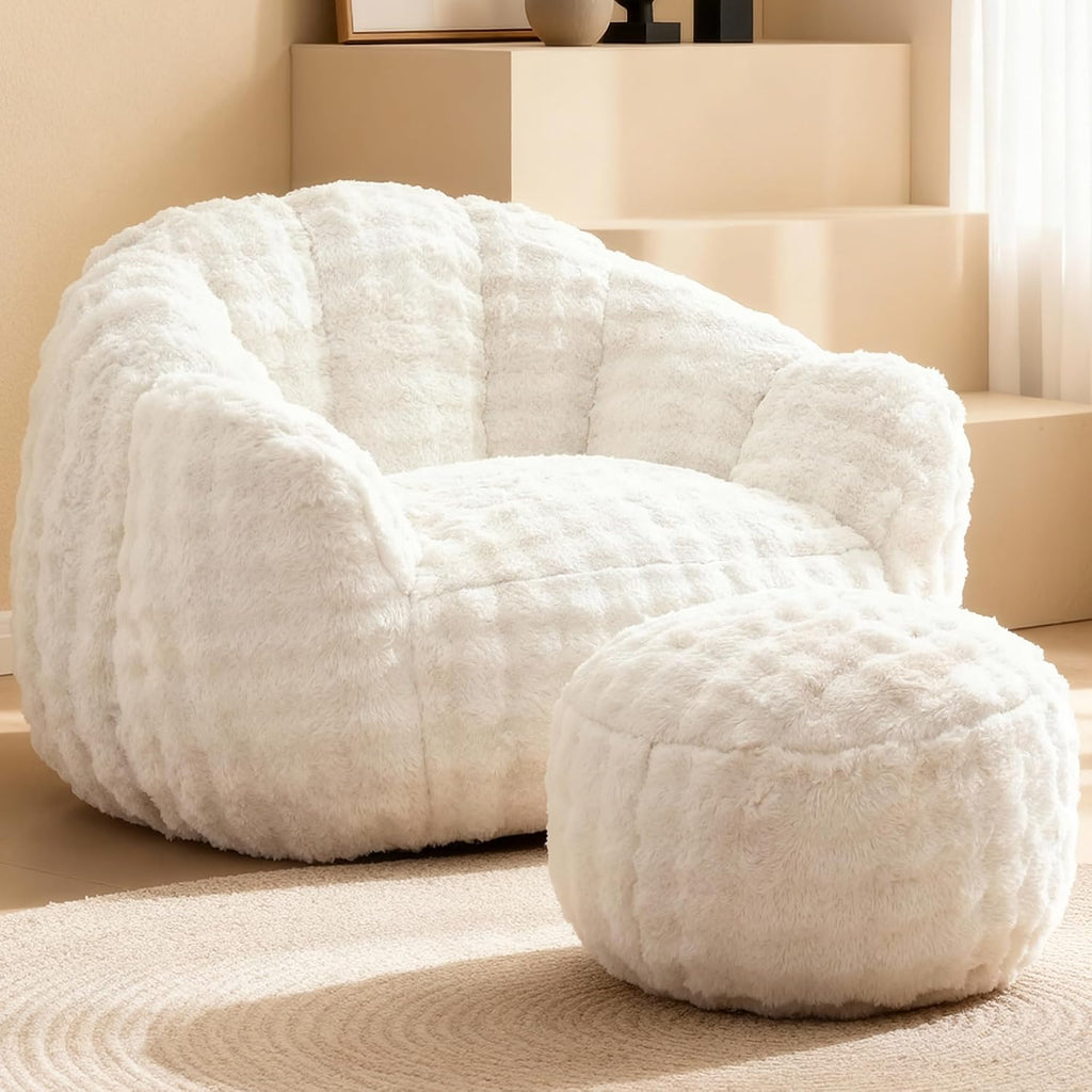 KINGYES Giant Bean Bag Chair with Ottoman, 3 in 1 Bean Bag Couch with Memory Foam Filler,Gaming Chair for Adults, Bean Bag for Kids & Teen, Beige