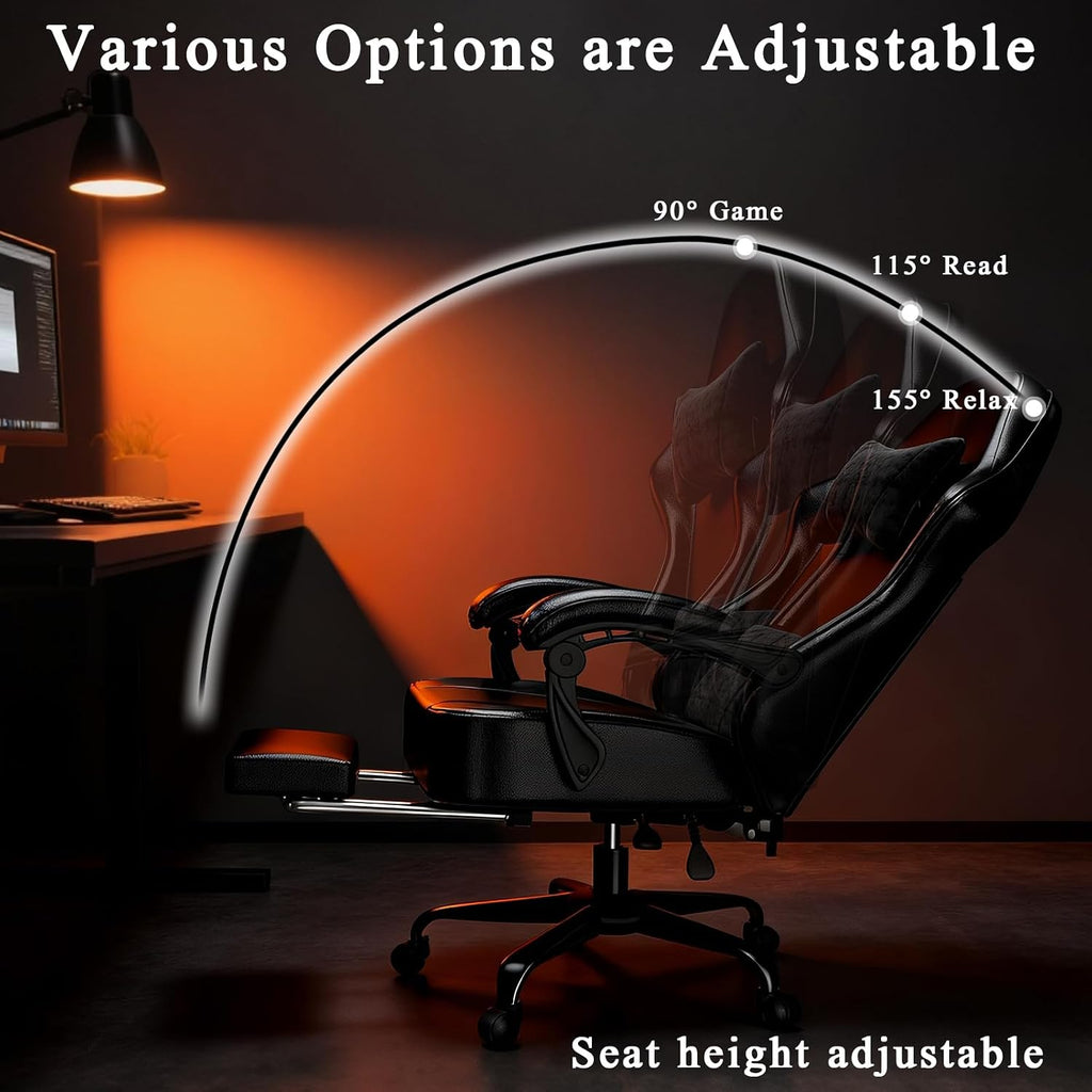 Ergonomic Gaming Chair with Footrest, PU Leather Video Game Chairs for Adults, Comfortable Computer Chair for Heavy People, Reclining Gamer Chair Office Chair with Lumbar Support, Dark Black