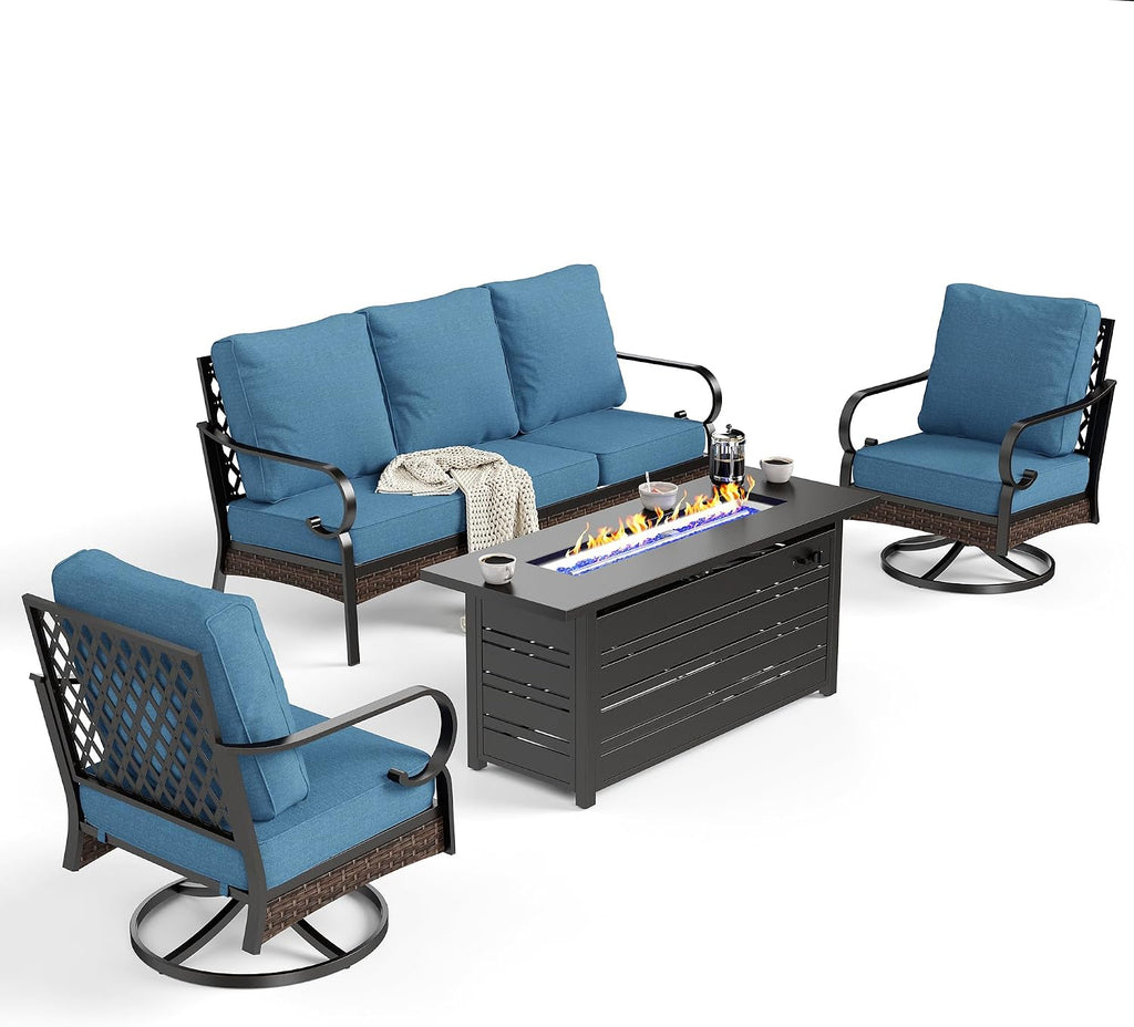 SUNSHINE VALLEY 4 Piece Metal Outdoor Patio Furniture Sets with Firepit Table, Patio Conversation Sets 1 3-Seater Sofa, 2 Swivel Sofa with 5.75' Thick Cushion Backyard Furniture for Deck, Denim Blue