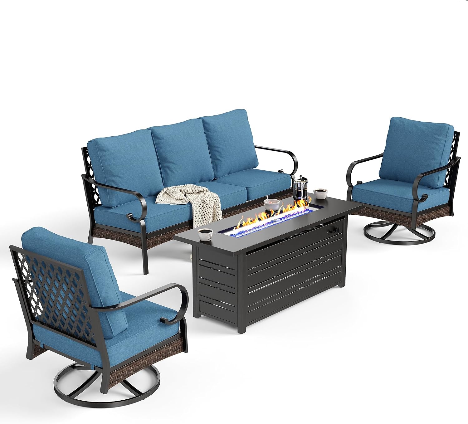 SUNSHINE VALLEY 4 Piece Metal Outdoor Patio Furniture Sets with Firepit Table, Patio Conversation Sets 1 3-Seater Sofa, 2 Swivel Sofa with 5.75' Thick Cushion Backyard Furniture for Deck, Denim Blue