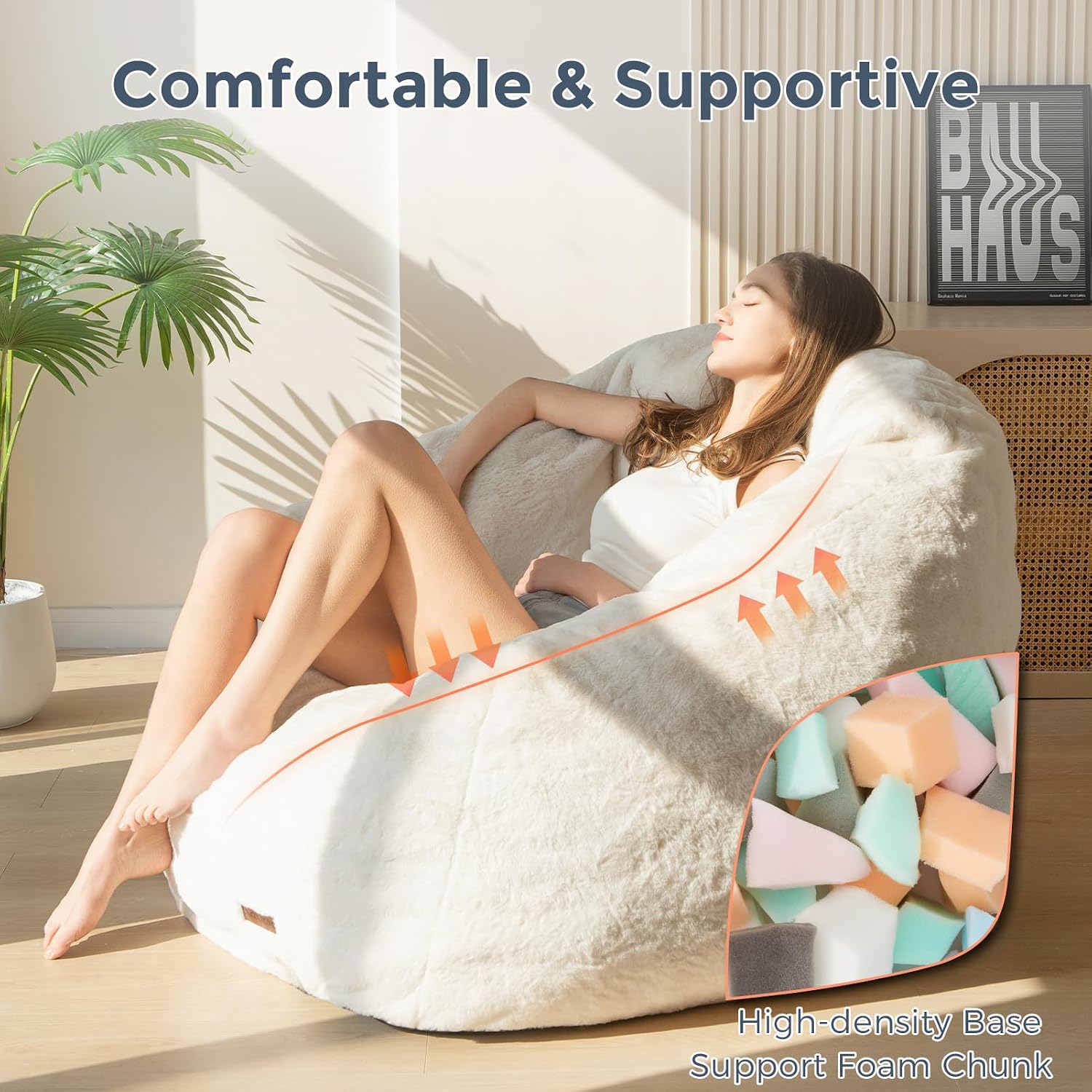 MAXYOYO Giant Bean Bag Chair, Oversized Bean Bag Couch for Adults and Kids, Faux Fur Shell-Shaped Large Chair with Filler, Stuffed Big Accent Sofa Lounge Floor Sofa for Reading, Beige, Standard