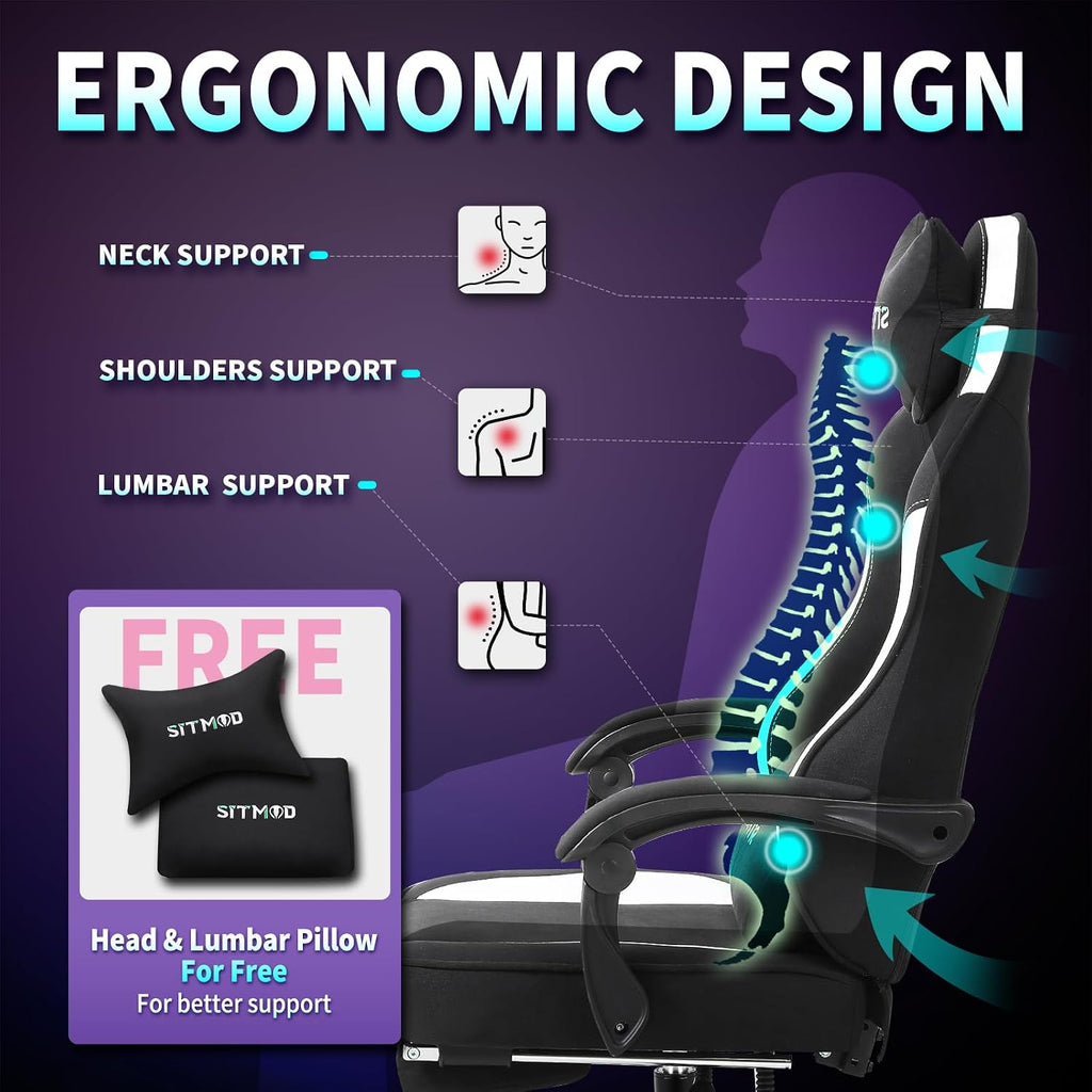 SITMOD Breathable Fabric Gaming Chair, 350lbs Heavy Duty Computer Office Chair with Pocket Spring Cushion, Wide Seat Ergonomic Gamer Chair with Footrest for Big and Tall, Reclining High White