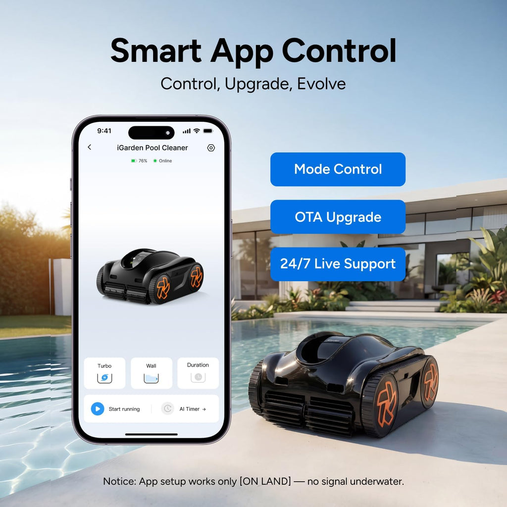 iGarden Robotic Pool Cleaner K Series, Cordless Pool Vacuum Robot for Inground & Above Ground Pools, Smart Navigation, Touchscreen, Self-Parking, Cleans Floor, Wall & Waterline, 220 Min