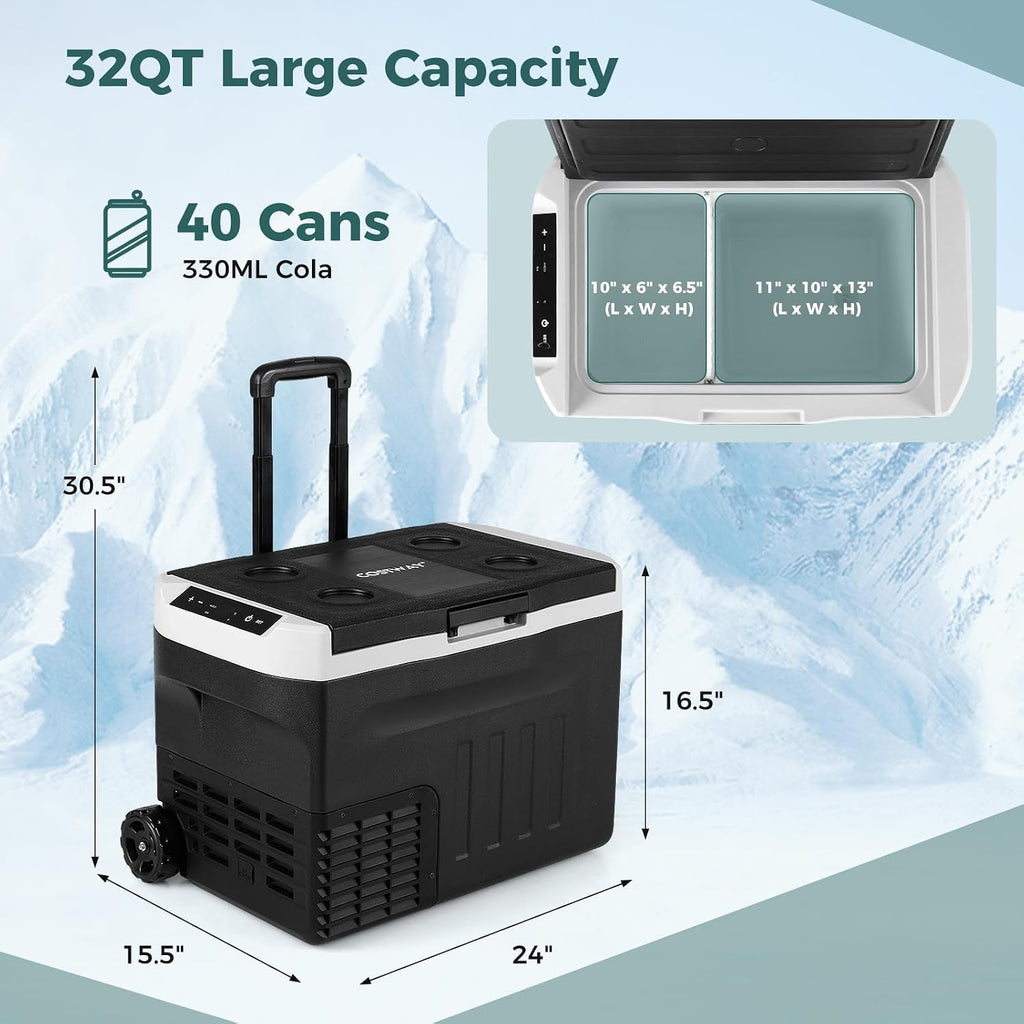 COSTWAY Portable Car Refrigerator, 32-quart Car Fridge with Adjustable Range -4℉~68℉, 12/24V DC 100-240V AC Electric Cooler Freezer with Divider for Camping, RV, Travel, Fishing, Home, Black
