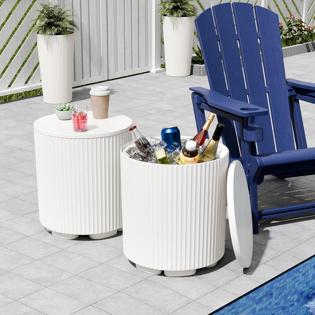 2 PCS Outdoor Cooler Side Table, Portable Ice Bucket Cooler, Patio Table and Ice Chest Storage, Outdoor Ice Chest Side for Parties Picnics Beach, White