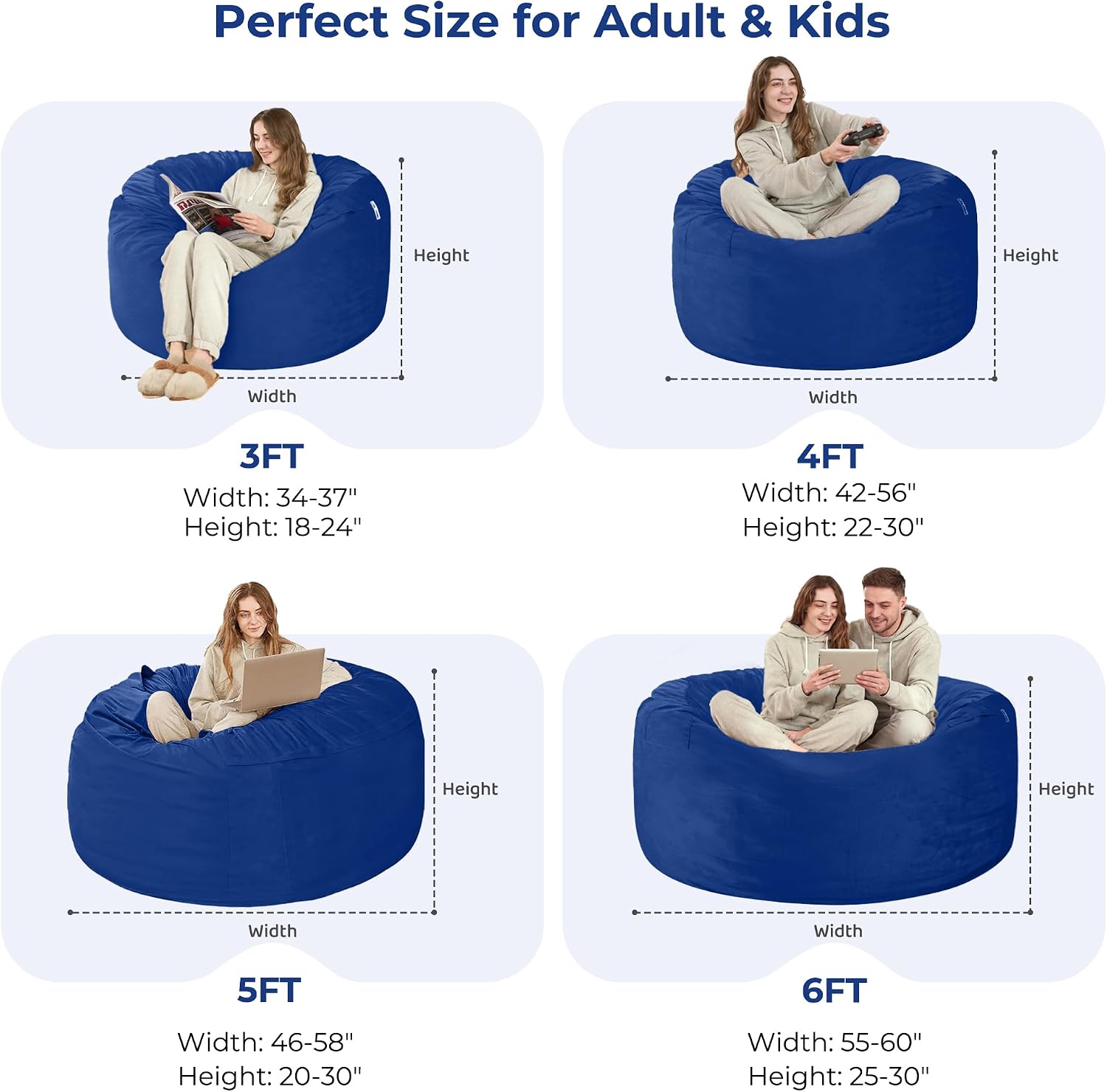 HABUTWAY Bean Bag Chair: Giant 6' Memory Foam Furniture Bean Bag Chair with Microfiber Cover - 6Ft,Blue