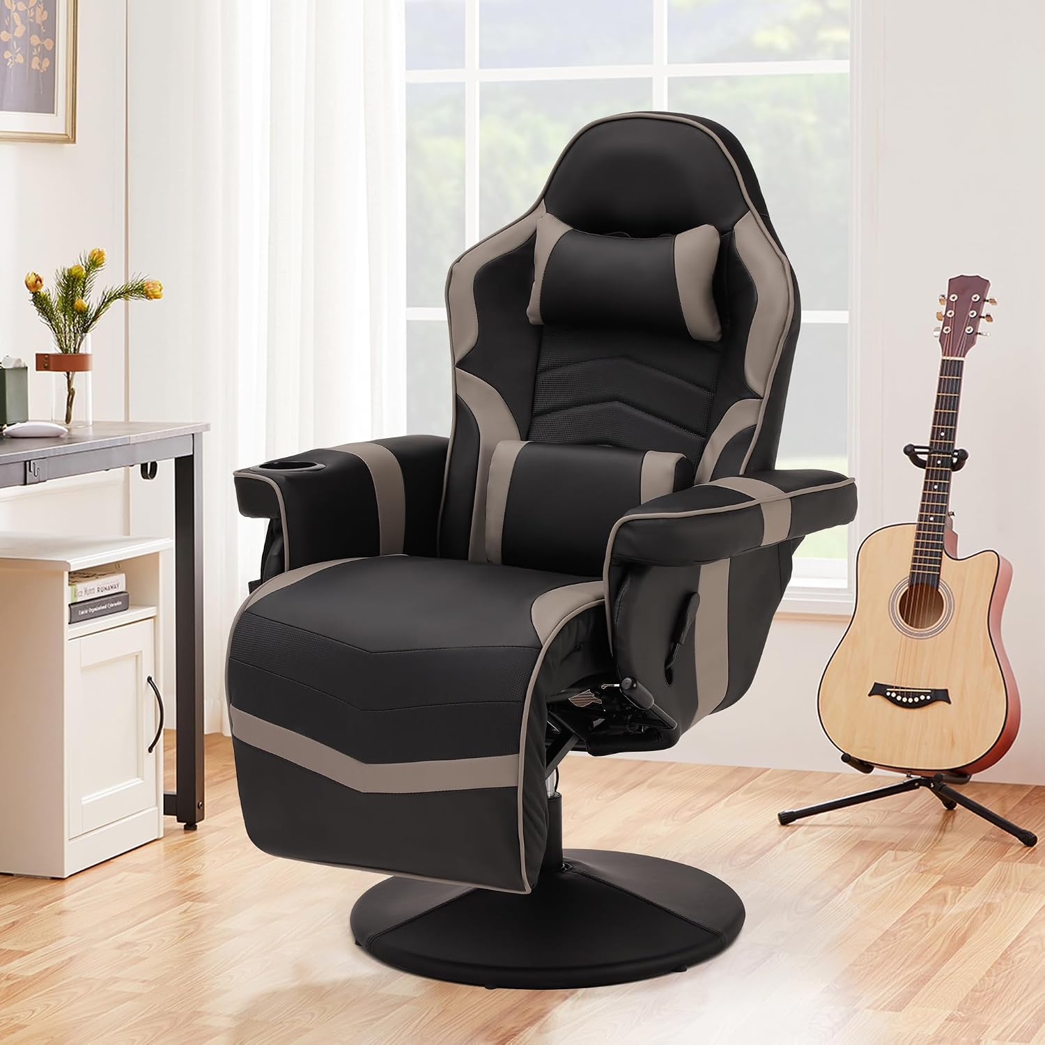 Massage Gaming Recliner Chair with Cup Holder & Side Pockets – Ergonomic PU Leather Video Gaming Chair with Footrest, Manual Recline, Headrest & Lumbar Support for Office or Game Room (Grey)