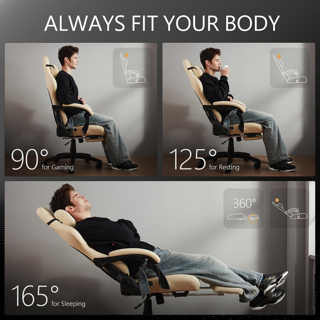 Dowinx Gaming Chair for Adults with Footrest, Reclining Gamer Chair with Massage Lumbar Support, Ergonomic Big and Tall Office Computer Chair 400LBS, High Back PU Leather Gaming Computer Chair,Ivory