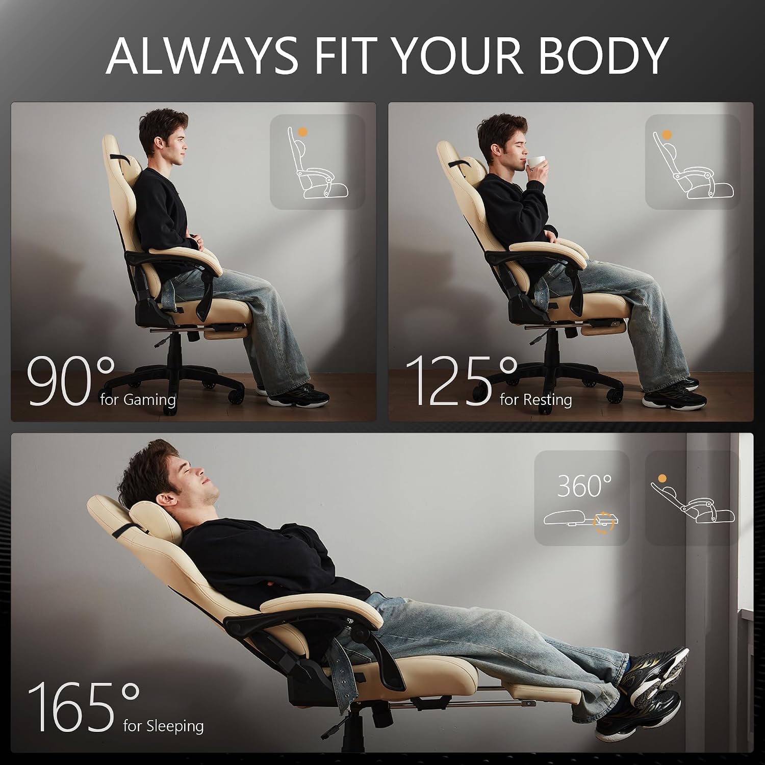 Dowinx Gaming Chair for Adults with Footrest, Reclining Gamer Chair with Massage Lumbar Support, Ergonomic Big and Tall Office Computer Chair 400LBS, High Back PU Leather Gaming Computer Chair,Ivory