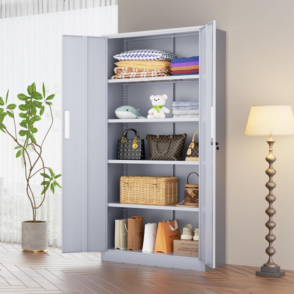 SUNCROWN 72' Metal Storage Cabinet - Heavy-Duty Metal Garage Cabinet with 4 Adjustable Shelves & 2 Doors for Tools, Office, Home, Workshop,Cement Grey-Small