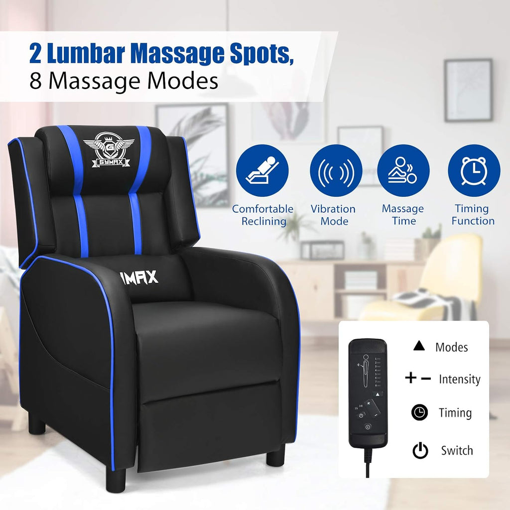 POWERSTONE Gaming Recliner Chair, Reclining Gaming Chairs for Adults Ergonomic Leather Sofa with Footrest Lumbar Support Headrest and Side Pouch for Living Room Home Theater, Blue