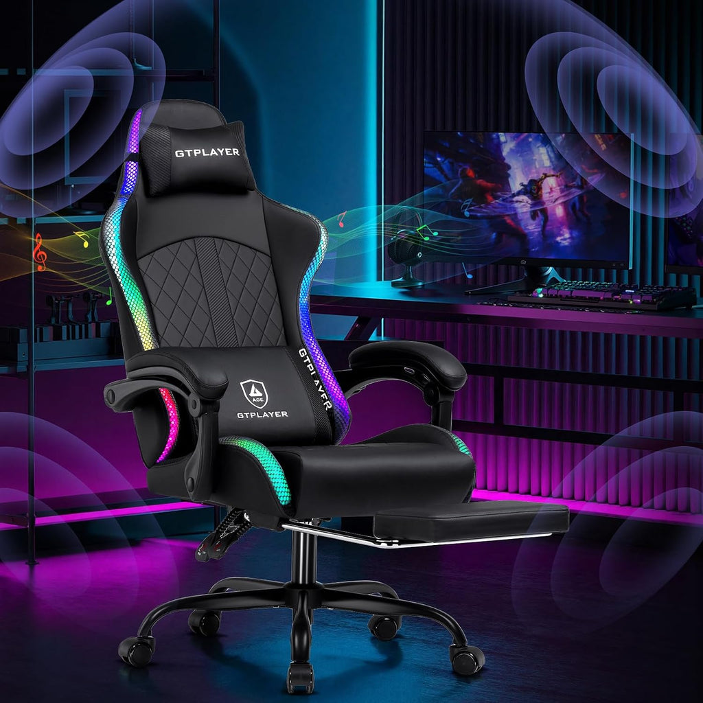 GTPLAYER RGB Gaming Chair with Speakers - LED Computer Game Chair for Adults, PC Home Office Chairs with Footrest & Lights, Reclining Desk Chairs, Black