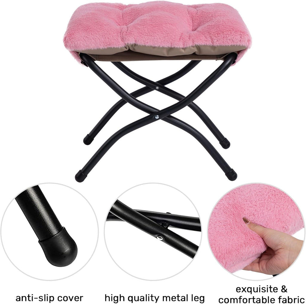 HollyHOME Lazy Chair with Foldable Ottoman, Accent Comfy Lounge Armchair and Folding Footrest Stool, Leisure Sofa Reading Chair and Footstool for Living Room, Bedroom, Dorm,Faux Fur Pink
