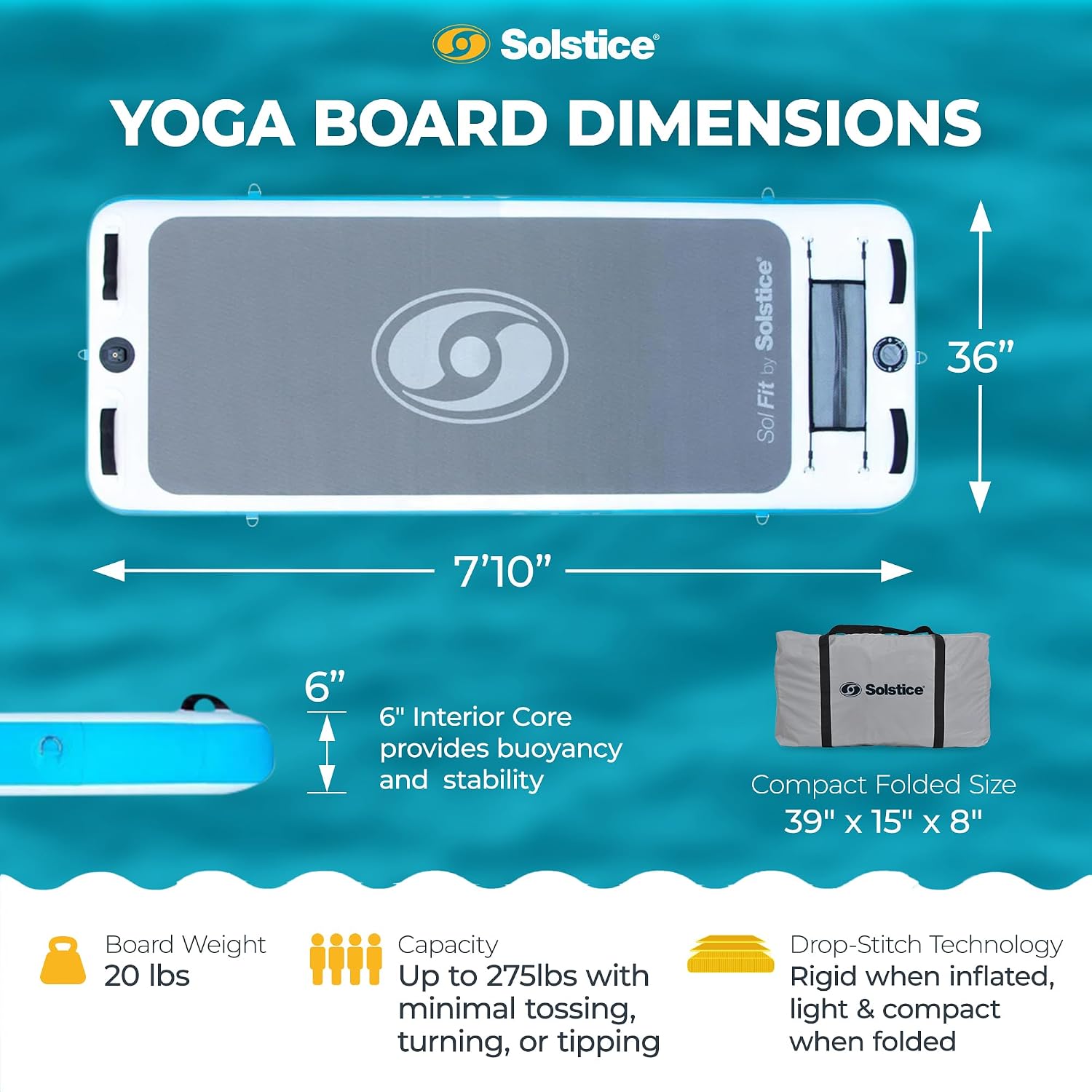SOLSTICE Sol Fit Inflatable Stand-Up Paddleboard & Aquatic Fitness Mat with 7'10' Non-Slip Traction Pad - Floating Exercise Platform for Yoga, Pilates & Meditation, Includes Pump & Carry Bag