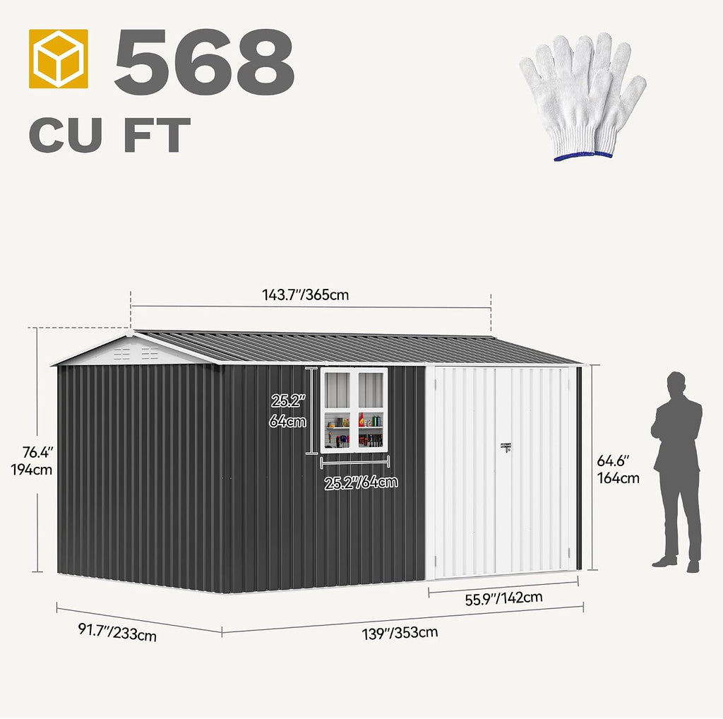 DWVO 12x8ft Large Tool Storage Shed with Window, Lockable Doors, and Sloped Roof, Oversized Steel Outdoor Storage Shed for Garden, Patio, Garage, Backyard, Lawn(Gray + White)