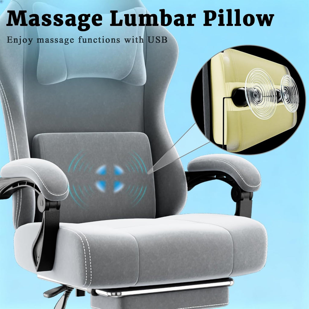 Massage Gaming Chair, Ergonomic Video Game Chair with Lumbar Support and Footrest, Height Adjustable Fabric Computer Chair with Pocket Spring Cushion (Gray)