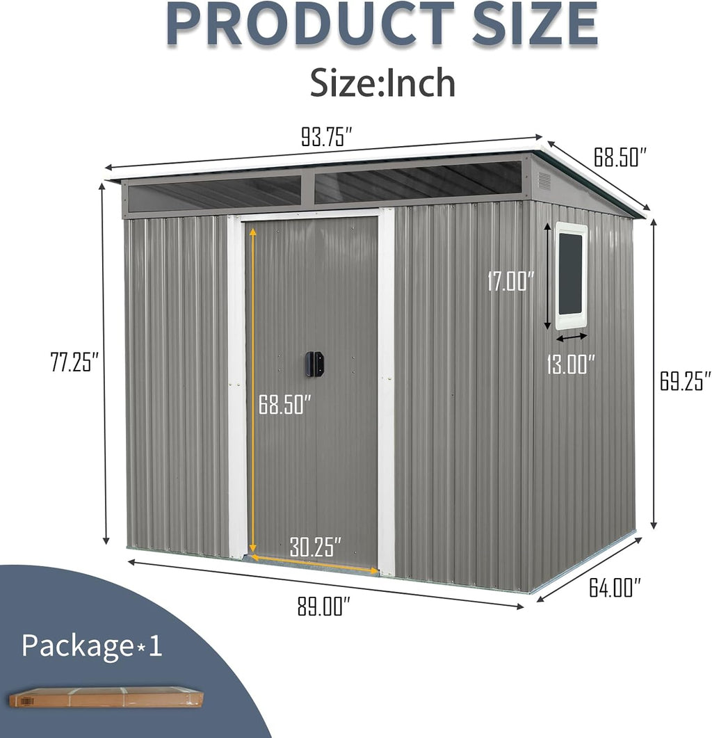 JT 8X6FT Outdoor Storage Shed, Galvanized Metal Garden Shed with Window and Metal Foundation, Tool Storage Shed for Patio Lawn Backyard (Gray-with The window-8ftx6ft)