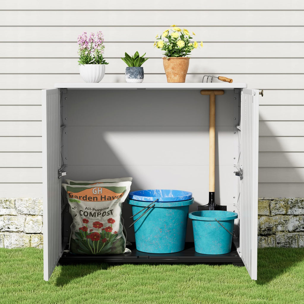 KINYING Outdoor Storage Cabinet Waterproof, 60 Gallon Resin Outdoor Storage Shed for Patio/Garden/Backyard, Outdoor Storage Box for Cushions,Garden Tools and Pool Supplies(White W/O Shelving)