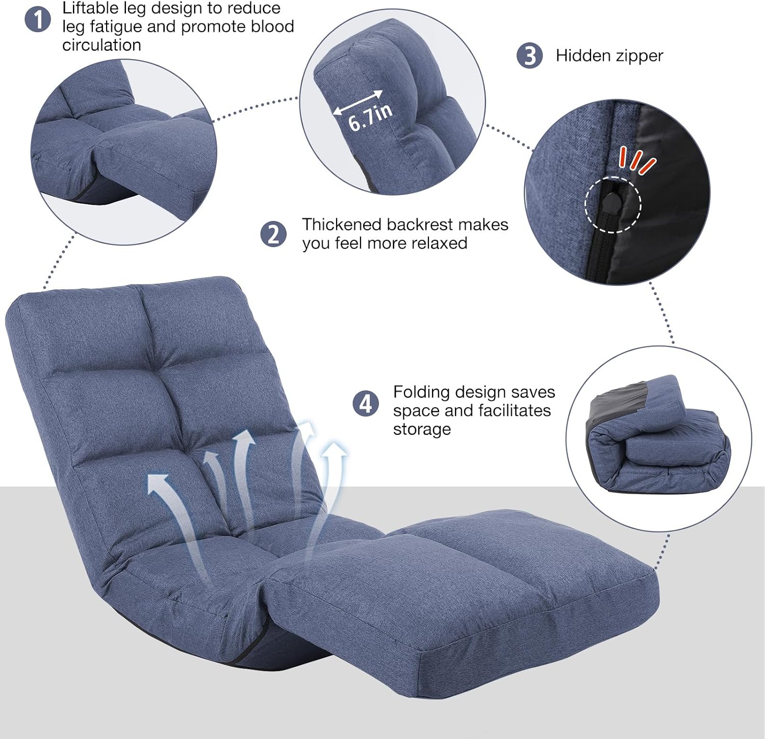 Floor Chair with Footrest Adjustable Backrest with 14 Positions Footrest 5-Position Adjustment Foldable Floor Gaming Chair for Easy Storage Linen Fabirc Chaise Lounge 086 (Blue)