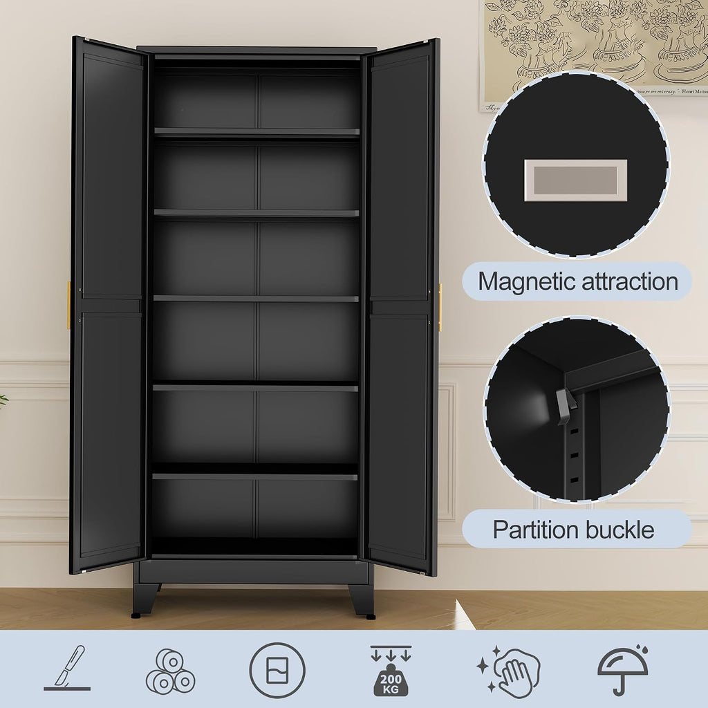 Black Metal Storage Cabinet,75' Steel Cabinets for Home Office, Kitchen Pantry Storage Cabinet with Doors and 5 Adjustable Shelves, Tool Cabinets, for Office, Home, Garage, School