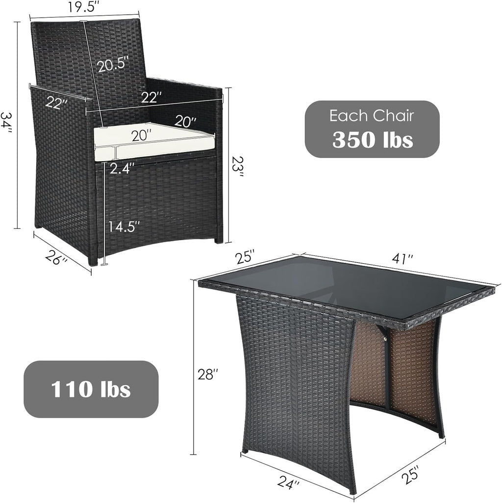 HAPPYGRILL 3 Piece Patio Furniture Set, Outdoor PE Rattan Wicker Bistro Set with Washable Cushions & Tempered Glass Table, for Backyard Porch Garden Balcony Poolside