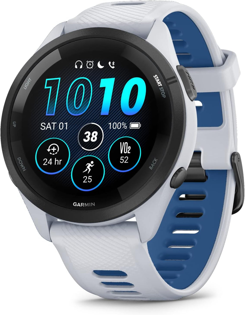 Garmin Forerunner 265 Music GPS Running 46 mm Smartwatch, Whitestone with AMOLED 1.3 in Touchscreen Display Black Earbuds Bundle, White +Blk EarBuds