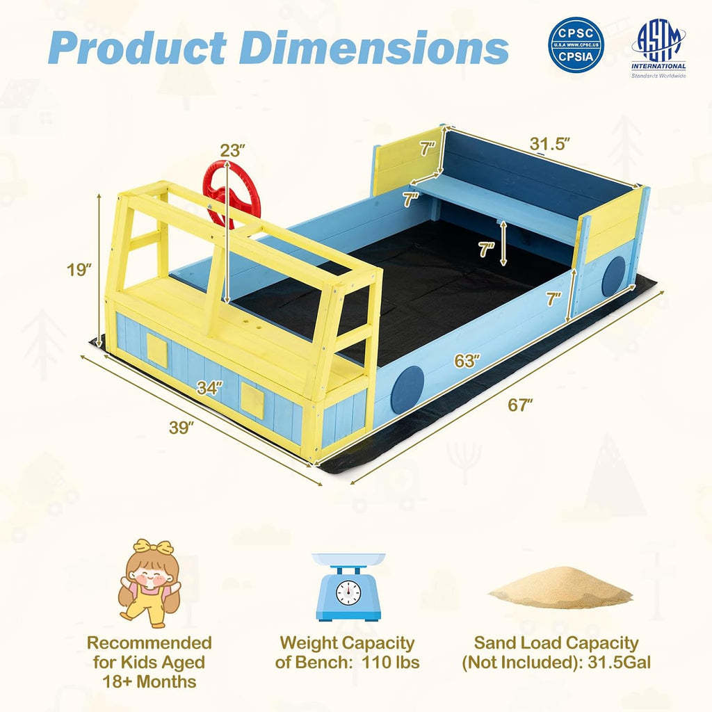 Costzon Sandbox, Fir Wood Car-Theme Sand Pit with Bottom Liner, Rotatable Rudder & Bench Seat for Kids Aged 18+ Months, Outdoor Playset for Backyard, Beach and Patio (Blue, Yellow)