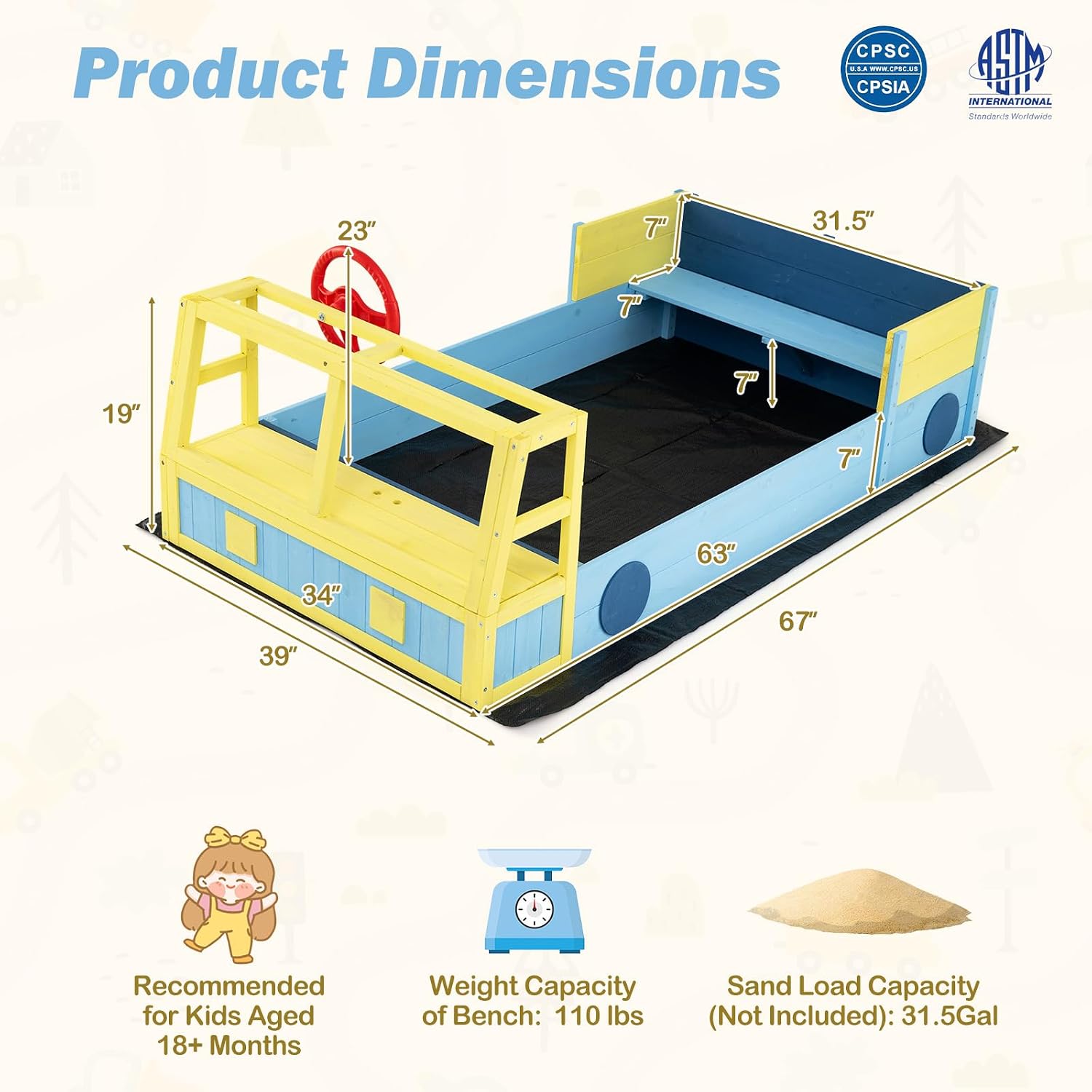 Costzon Sandbox, Fir Wood Car-Theme Sand Pit with Bottom Liner, Rotatable Rudder & Bench Seat for Kids Aged 18+ Months, Outdoor Playset for Backyard, Beach and Patio (Blue, Yellow)