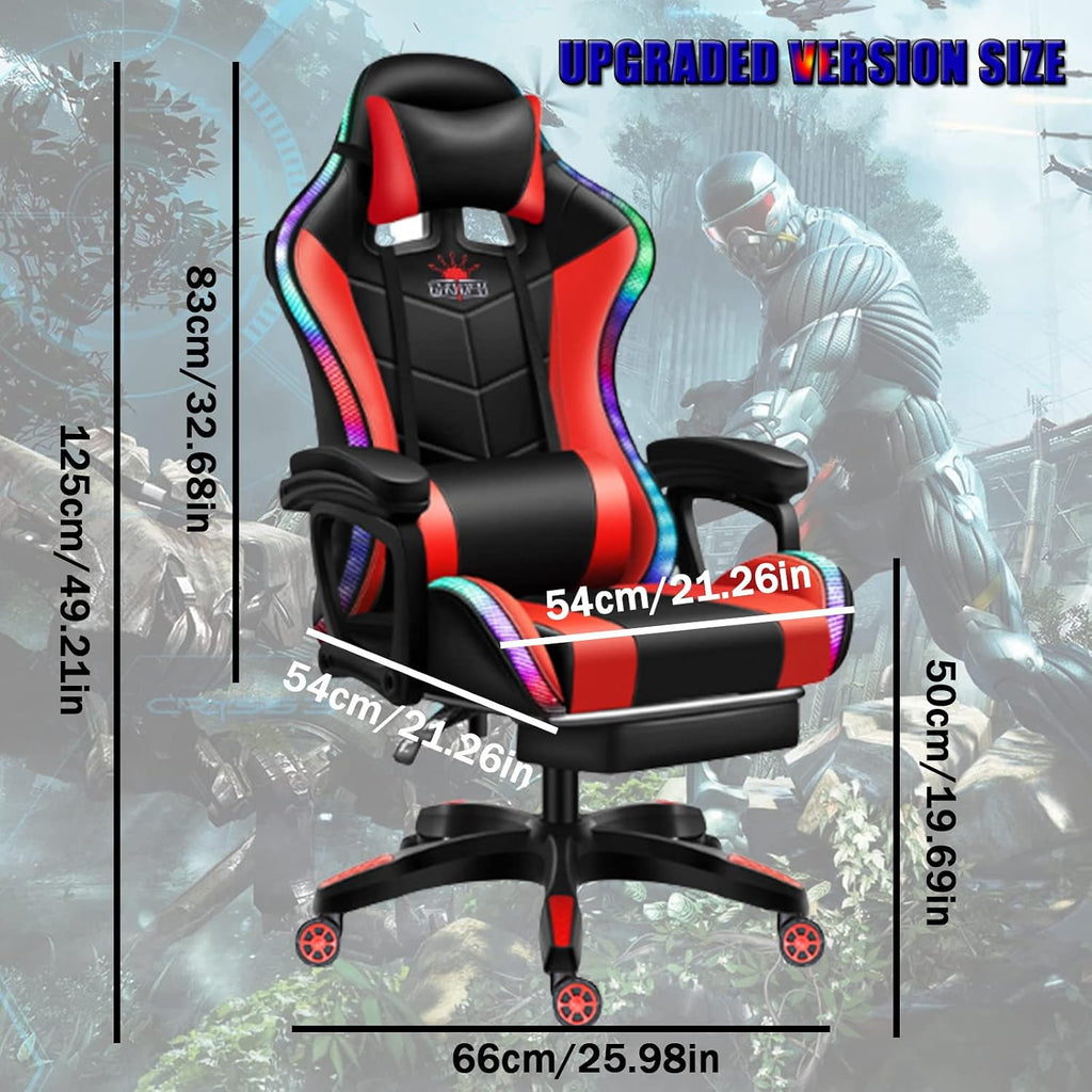 Gaming Chair with LED RGB Lights with Massage and Footrest Ergonomic Computer Chair High Back Video Game Chair with Adjustable Lumbar Support Linkage Armrest,White