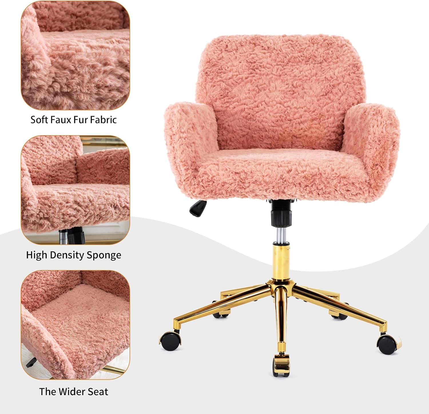 Shenyon Pink Desk Chair Faux Fur Vanity Chair, Comfortable Home Office Chair with Wheels for Women, Swivel Wide Office Chair Makeup Chair Height Adjustable for Office, Study, Bedroom, Pink