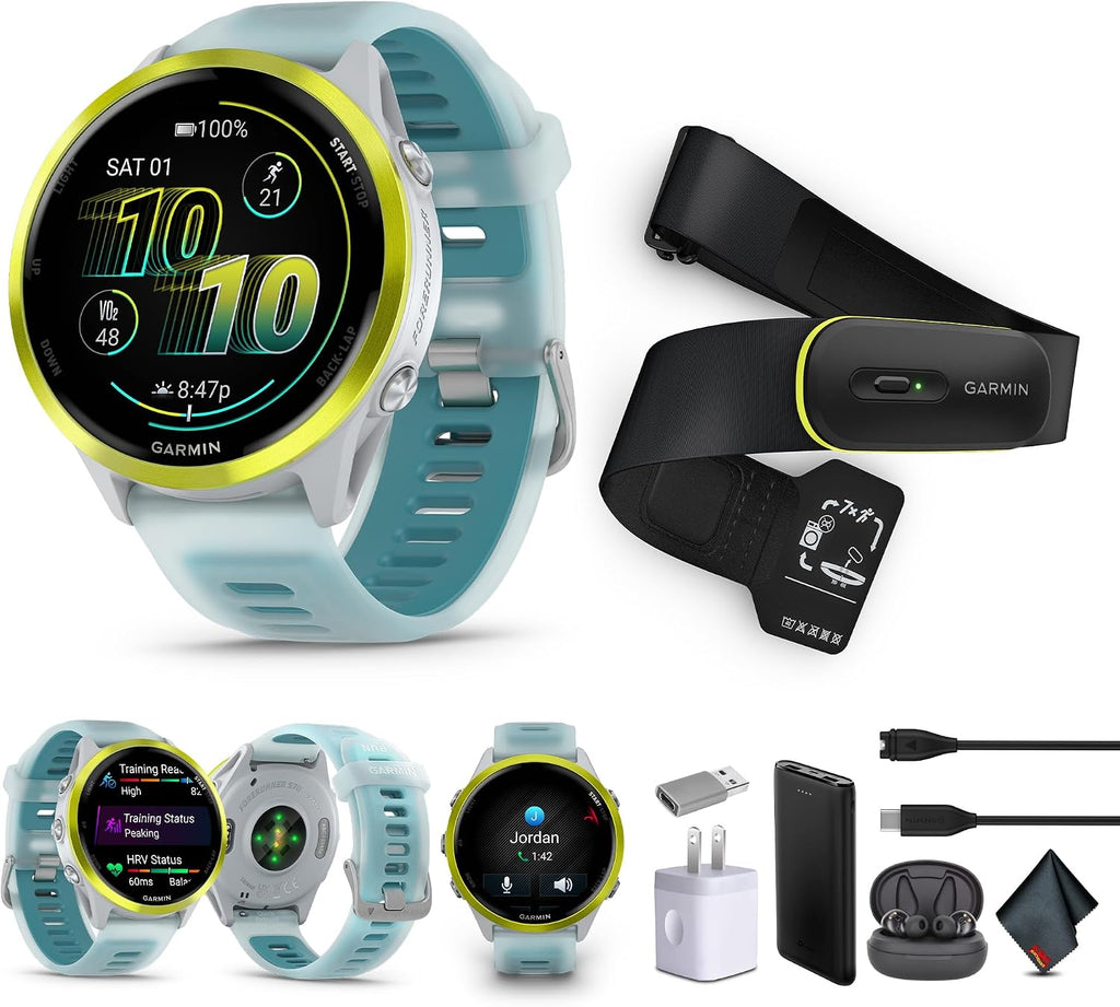 Garmin Forerunner 570 Running Smartwatch, 47MM WiFi, GPS Fitness Watch for Men and Women, Amp Yellow Aluminum with Translucent Whitestone/Turquoise Band + Access 600 Fitness Monitor, M-XL + More