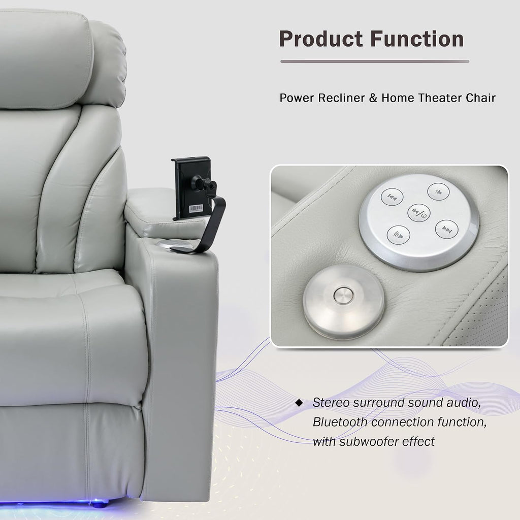 Merax Power Motion Recliner with USB Charging Port and Hidden Arm Storage, Home Theater Seating with Convenient Cup Holder Design,and Stereo(Light Grey)