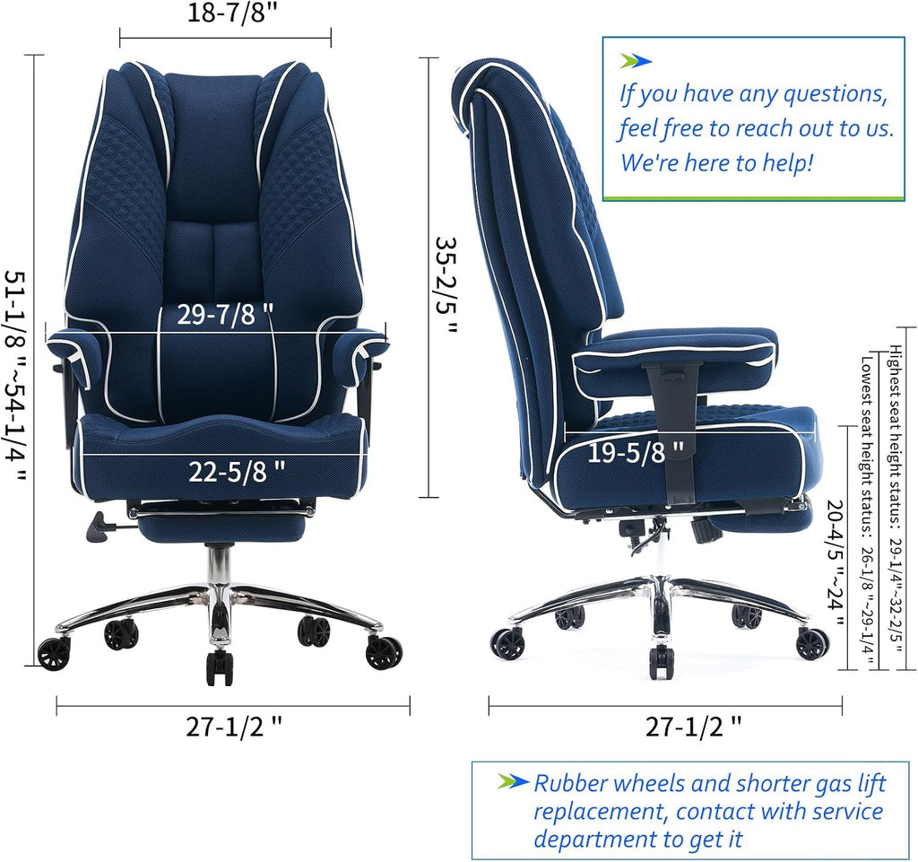 EXCEBET Big and Tall Office Chair 400lbs Wide Seat, Leather High Back Executive Office Chair with Foot Rest, Ergonomic Chairs Lumbar Support for Lower Back Pain Relief (Mesh Dark Blue)