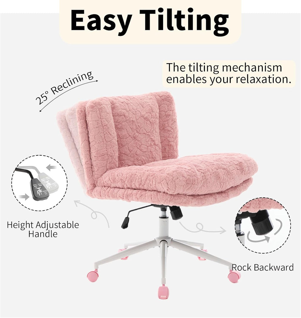 Shenyon Criss Cross Chair with Wheels, Wide Cross Legged Office Chair with 2 Layer Cushions & Back, Adjustable Swivel Home Office Chair, Comfy Faux Fur Makeup Vanity Chair for Girls Women, Pink