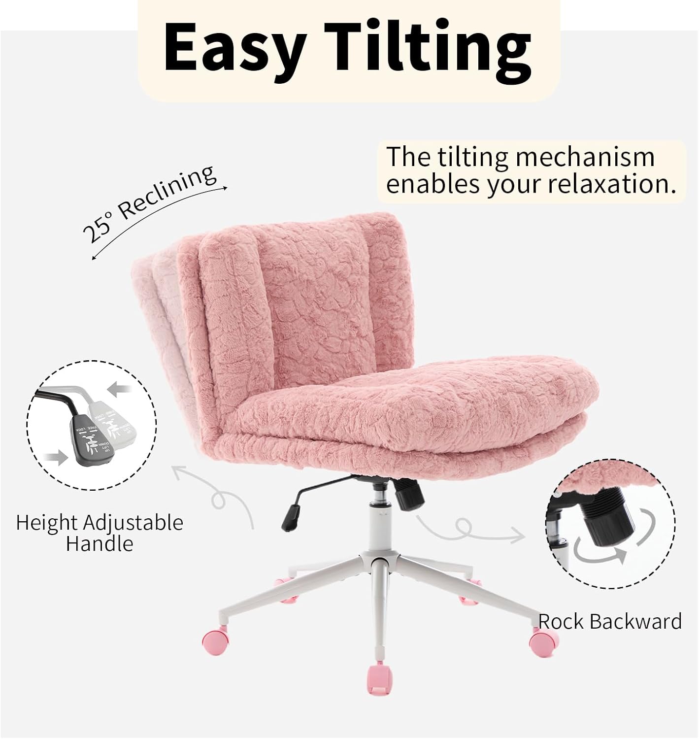 Shenyon Criss Cross Chair with Wheels, Wide Cross Legged Office Chair with 2 Layer Cushions & Back, Adjustable Swivel Home Office Chair, Comfy Faux Fur Makeup Vanity Chair for Girls Women, Pink