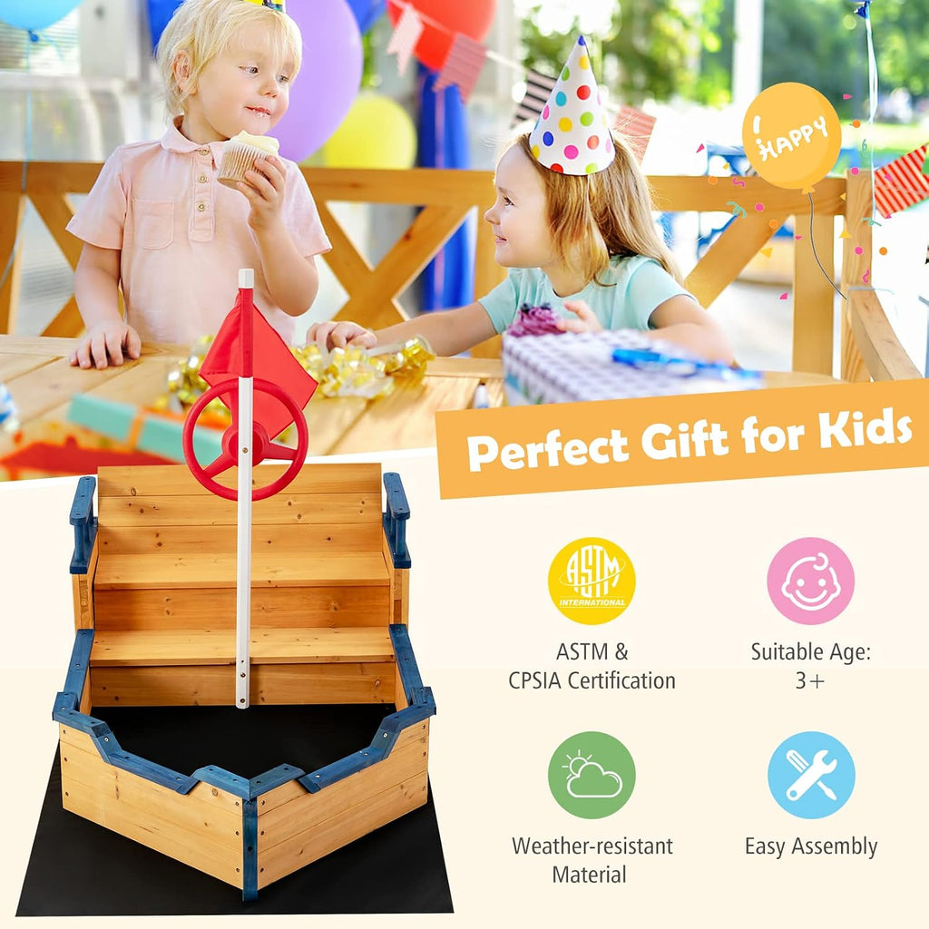Costzon Pirate Boat Wood Sandbox for Kids, Wooden Pirate Sandpit w/Bench Seat, Storage Space, Ground Liner, Realistic Flag Rudder Buoy, Children Outdoor Playset for Backyard, Home, Lawn, Garden