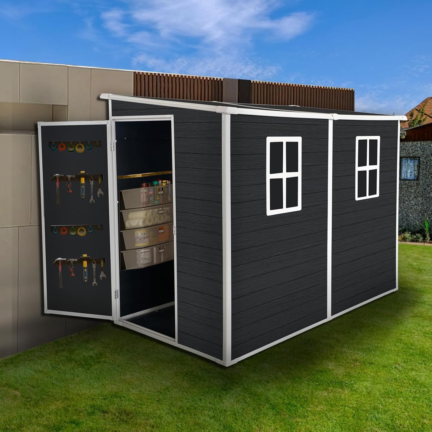 KUIKUI Shed with Floor Included, 8x4ft Storage Sheds, Plastic Lean to Backyard Shed with 2 Windows and Lockable Door, for Garden Tools, Bike, Carbon Black