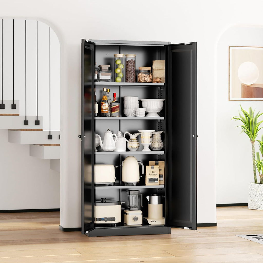 INTERGRAET Kitchen Pantry Cabinet, 63' Tall Metal Pantry Storage Cabinets with 2 Doors and 4 Shelves, Metal Storage Cabinet,Cupboard for Home,Kitchen,Living Room/Dining, Black