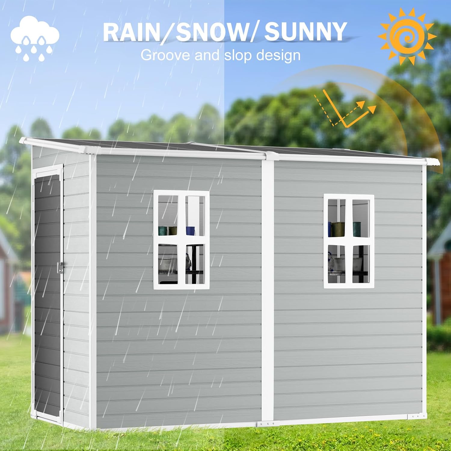 CDCASA 4x8 FT Resin Lean to Shed, Waterproof Outdoor Storage Shed with Floor, Plastic Tool Shed for Outside, Backyard, Patio, Poolside, Bike, Grey