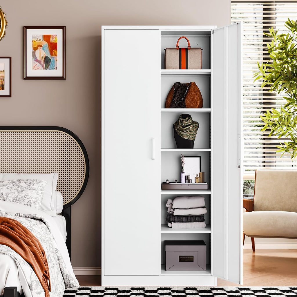 Letaya Metal White Storage Cabinet with Lock-71 Tall Metal Pantry Cabinets,5 Adjustable Shelves and Door for Home,Office,Kitchen,Warehouse,Utility Room(White)