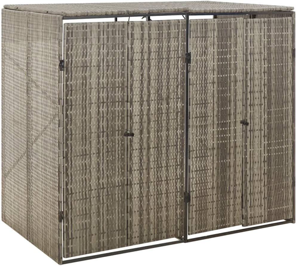 vidaXL Double Wheelie Bin Shed in Gray Poly Rattan - Durable and Weather, Lockable Outdoor Bin Storage with Easy Access Lid, Powder-Coated Steel Frame - Holds 2 Bins