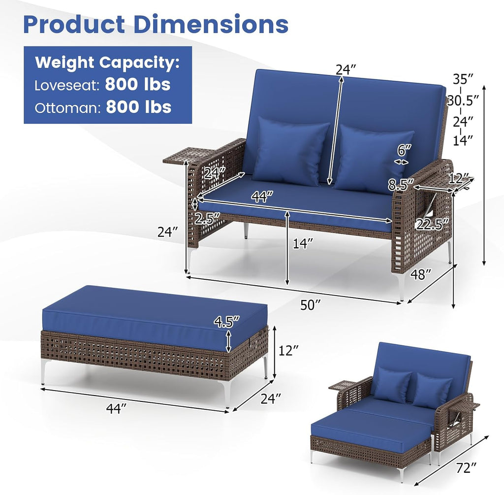 Tangkula Patio Rattan Daybed with 4-Level Adjustable Backrest, Boho Outdoor Wicker Loveseat & Storage Ottoman with Cushion, 2-Person Sun Lounger with Folding Tables for Poolside, Backyard & Garden