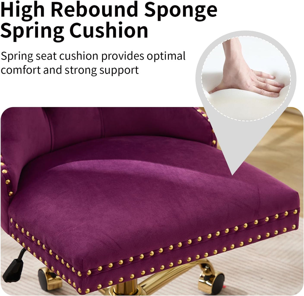 Purple Velvet Home Office Chair with Wheels & Gold Base, Cute Makeup Vanity Chair with Tufted Back for Bedroom, Upholstered Adjustable Swivel Comfy Desk Chair for Girls Women, Purple